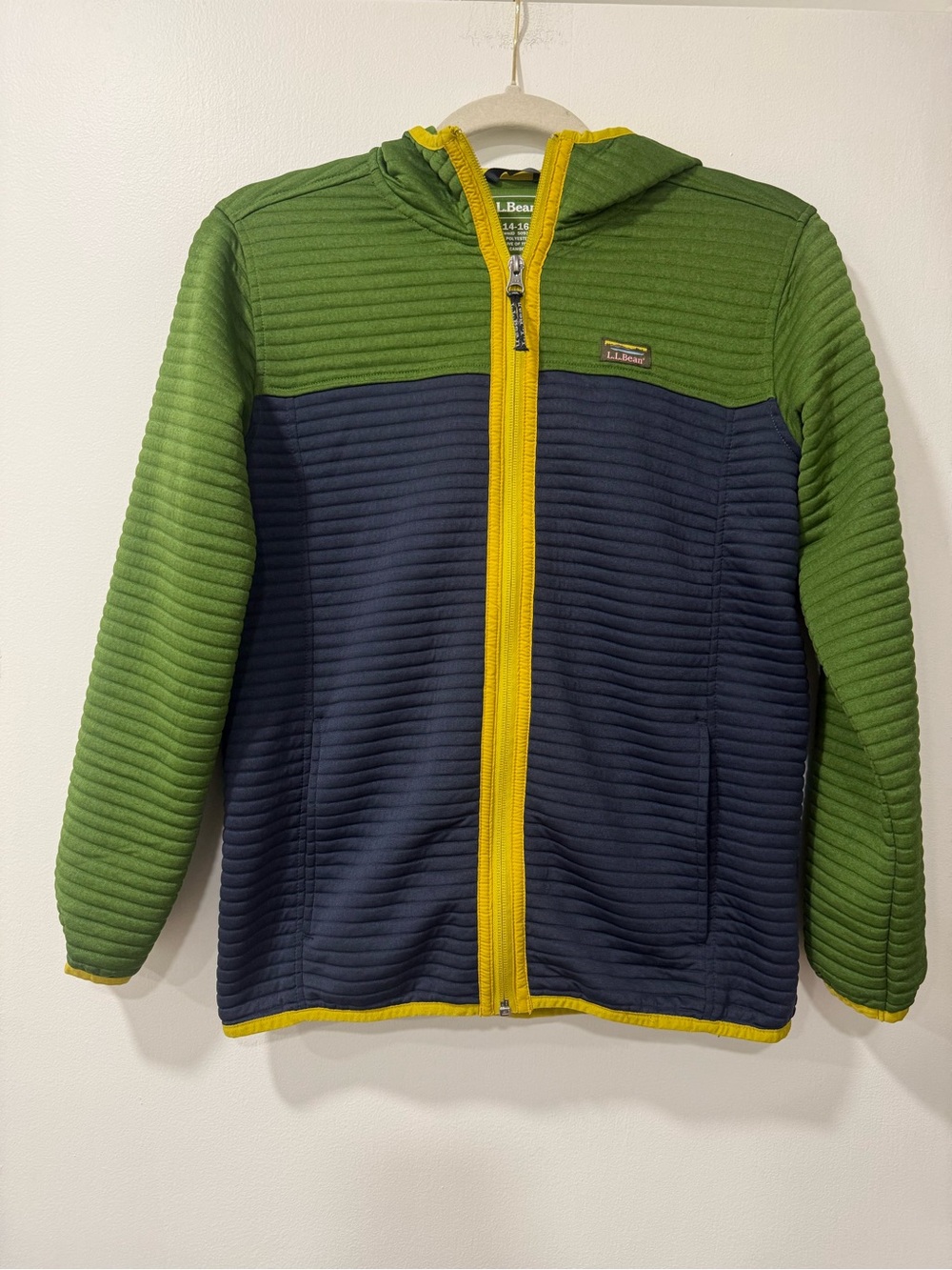 L.L. Bean Kids Green & Navy Hooded Zip Jacket with Yellow Trim